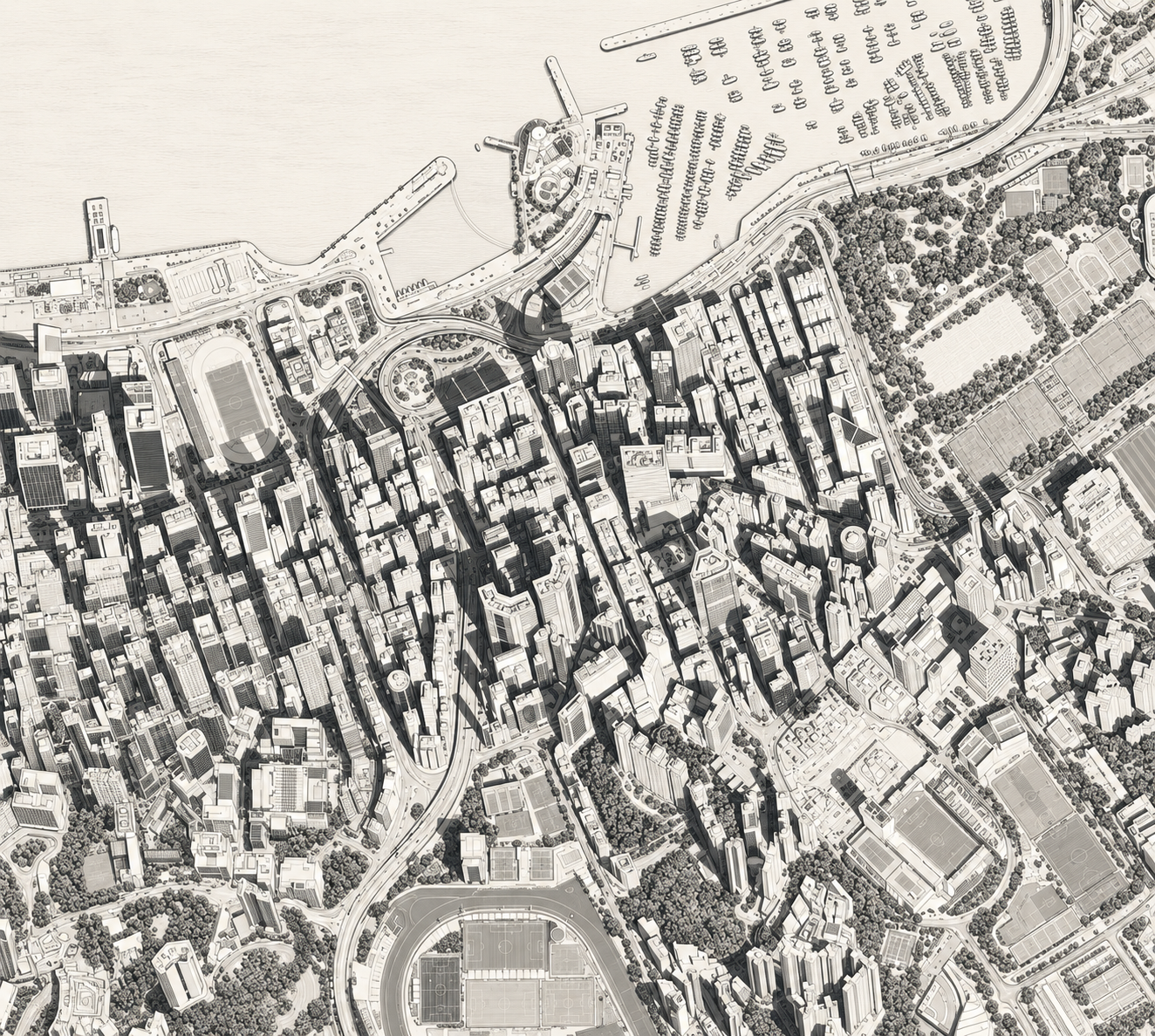 Stylised satellite view of Causeway Bay, Hong Kong, with a marker placed on the school's location.