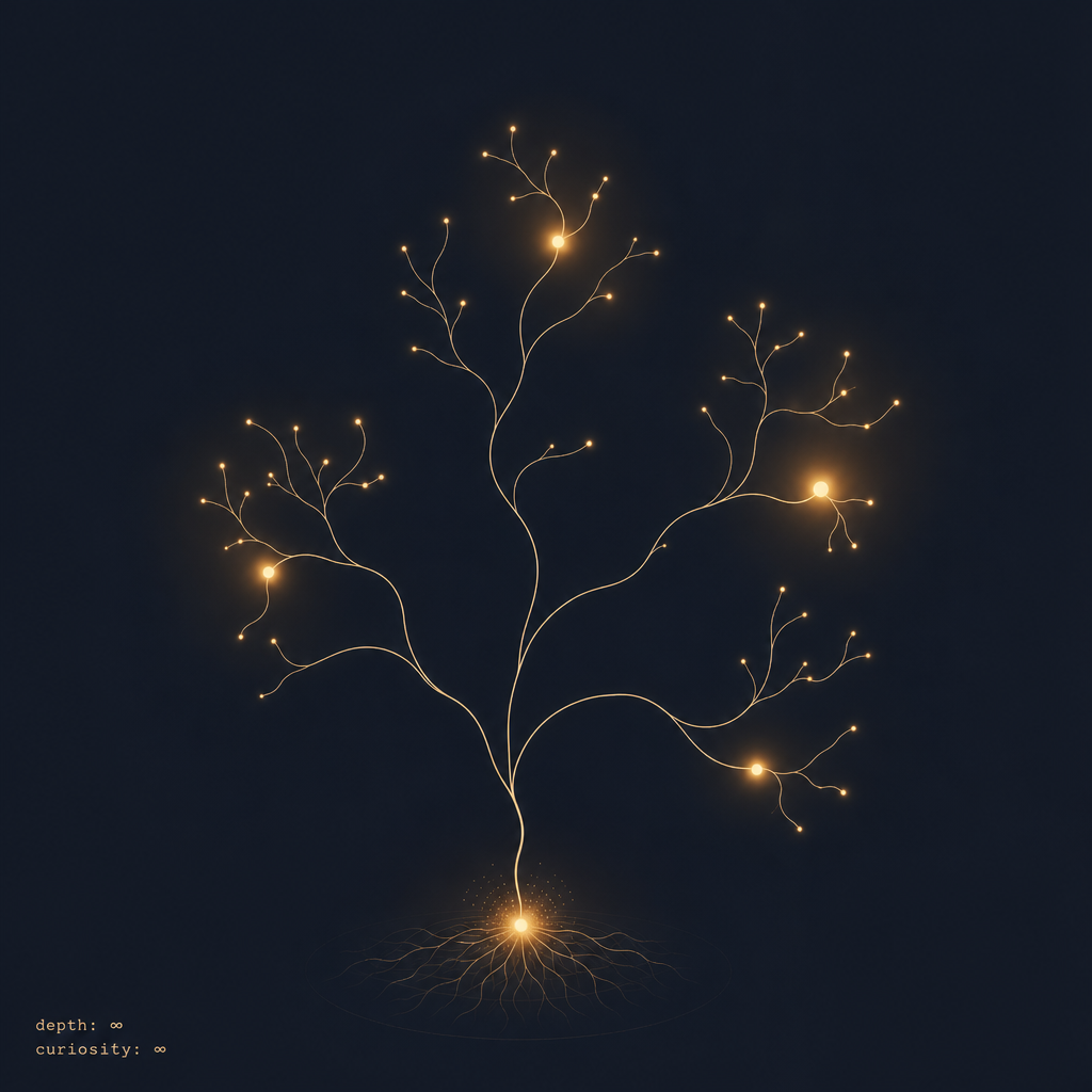 Schematic of a Socratic study-buddy agent: dark navy panel showing a warm gold central node connected to several smaller satellite nodes, suggesting a constellation of explored ideas.