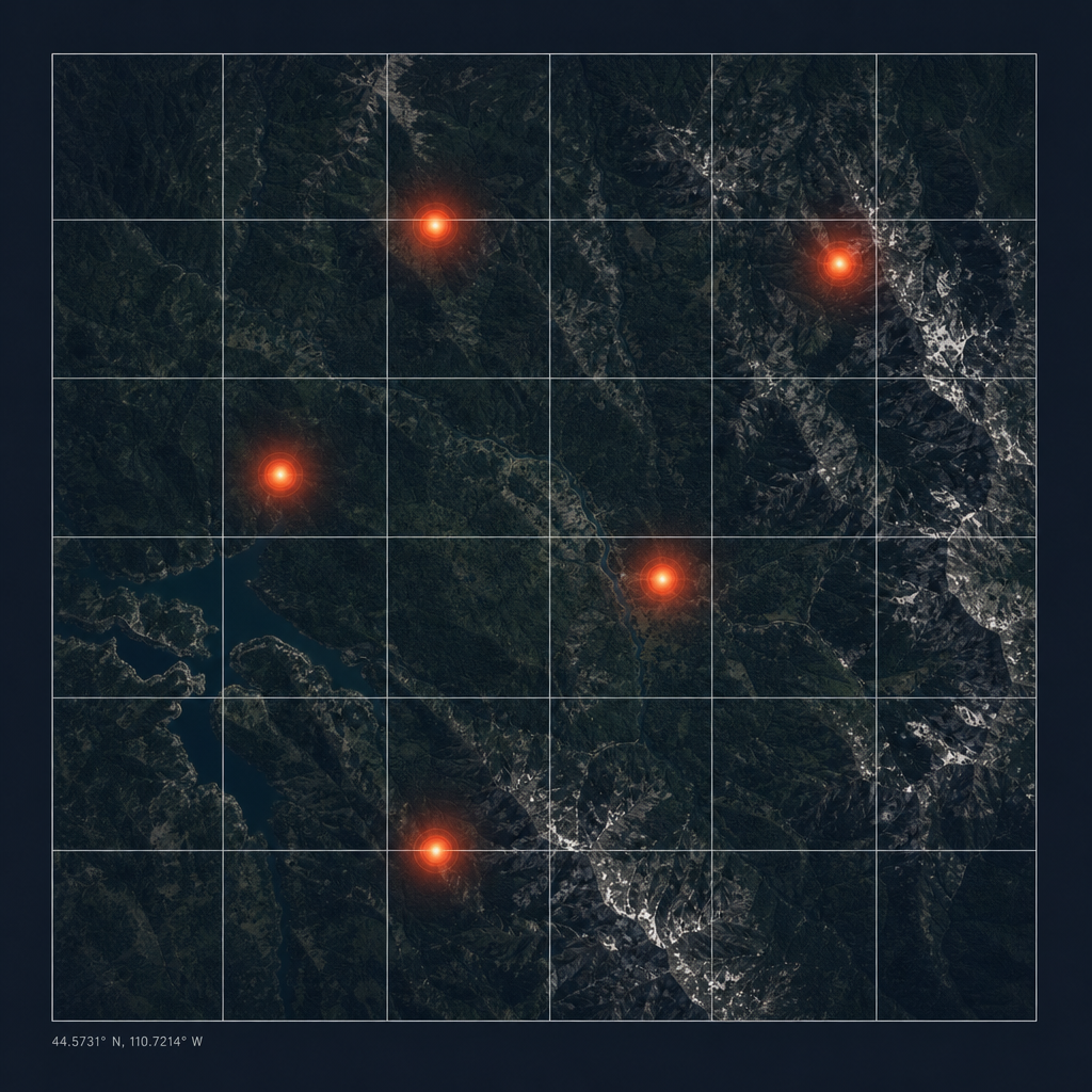 Schematic of a wildfire-detection computer vision model: dark navy panel showing a top-down satellite-style grid of forest terrain with orange-red hotspot markers.